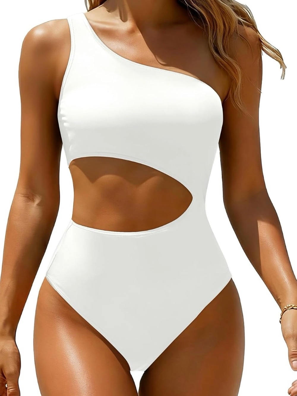 White One Piece One Shoulder Swimsuit Side Cutout